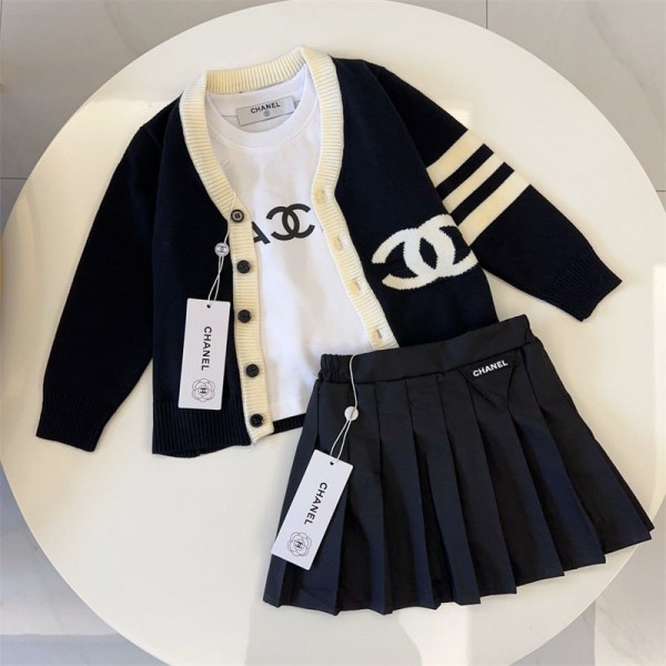 シャネル 子供服 3点セット 長袖t カーディガン ワンピース 女の子 Chanel ブランド キッズジャケット 気質 ワンピース キッズ フォーマル 洋服 通学 発表会 春秋服 七五三