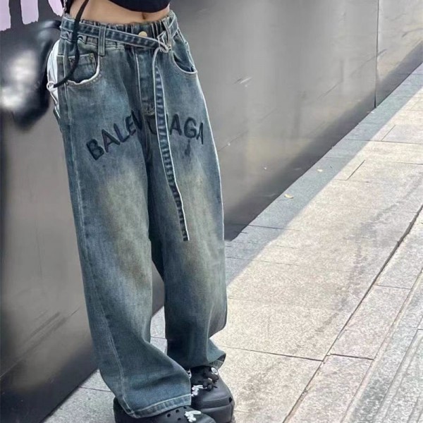 ブランド BALENCIAGA デニムパンツ キッズ 女の子 ジーンズ 子供 バレンシアガ パンツ ロング 長ズボン ワイドパンツ ジーパン デニム ジュニア ゆったり ゴムウエスト 通園 通学 カジュアル 普段着