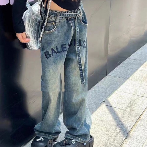 ブランド BALENCIAGA デニムパンツ キッズ 女の子 ジーンズ 子供 バレンシアガ パンツ ロング 長ズボン ワイドパンツ ジーパン デニム ジュニア ゆったり ゴムウエスト 通園 通学 カジュアル 普段着