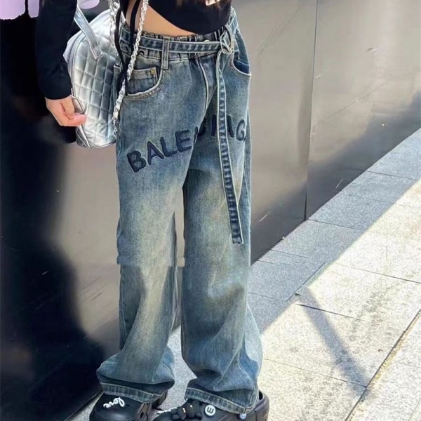 ブランド BALENCIAGA デニムパンツ キッズ 女の子 ジーンズ 子供 バレンシアガ パンツ ロング 長ズボン ワイドパンツ ジーパン デニム ジュニア ゆったり ゴムウエスト 通園 通学 カジュアル 普段着