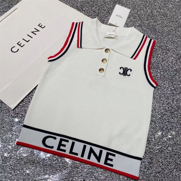 CELINE セリーヌ ブランド ニット ベスト レディース ノースリーブ カーディガン 前開き 袖なし トップス 薄手 サマーニット セーター 無地 襟付き 着痩せ カジュアル デート 普段着 春 夏 秋