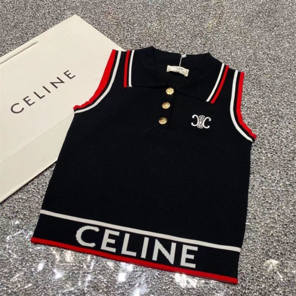 CELINE セリーヌ ブランド ニット ベスト レディース ノースリーブ カーディガン 前開き 袖なし トップス 薄手 サマーニット セーター 無地 襟付き 着痩せ カジュアル デート 普段着 春 夏 秋