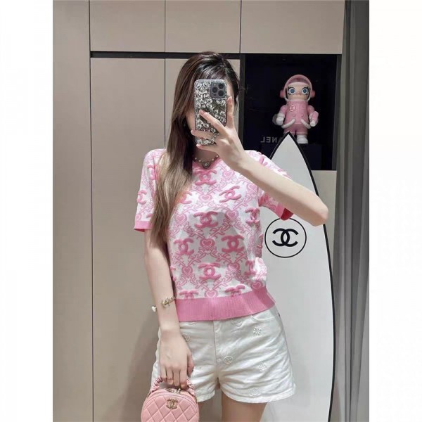 Chanel 上着 シャネル ブランド ブラウス レディース 半袖 夏 半袖tシャツ ニット かわいい キレイめ 夏服 tシャツ ゆったり 丸襟 襟なし 大きいサイズ トップス シャツ 上品 ゆったり オフィス おしゃれ ギャザー 通勤 体型カバー