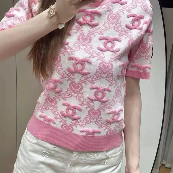 Chanel 上着 シャネル ブランド ブラウス レディース 半袖 夏 半袖tシャツ ニット かわいい キレイめ 夏服 tシャツ ゆったり 丸襟 襟なし 大きいサイズ トップス シャツ 上品 ゆったり オフィス おしゃれ ギャザー 通勤 体型カバー