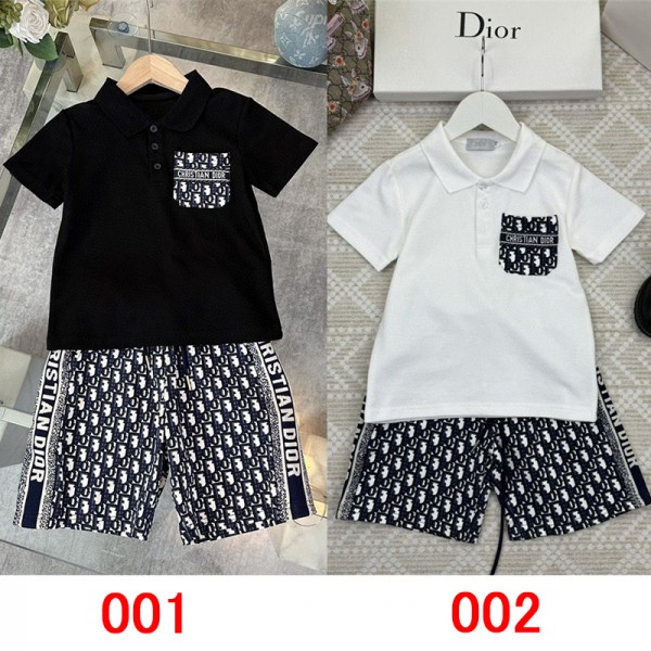 Dior ディオール ブランド 子供服 ポロTシャツ ハーフパンツ 2点セット ファッション 潮流 定番ロゴ 半袖 Tシャツ 半ズボン スーツ 2色  90 - 160cm