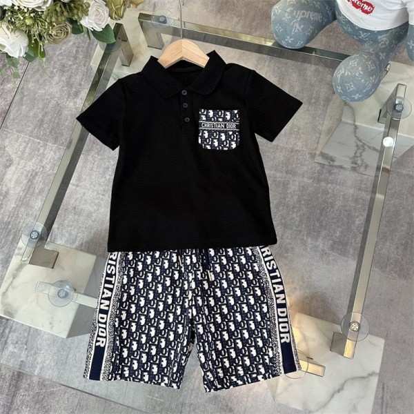 Dior ディオール ブランド 子供服 ポロTシャツ ハーフパンツ 2点セット ファッション 潮流 定番ロゴ 半袖 Tシャツ 半ズボン スーツ 2色  90 - 160cm