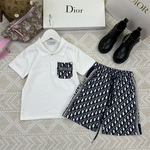 Dior ディオール ブランド 子供服 ポロTシャツ ハーフパンツ 2点セット ファッション 潮流 定番ロゴ 半袖 Tシャツ 半ズボン スーツ 2色  90 - 160cm