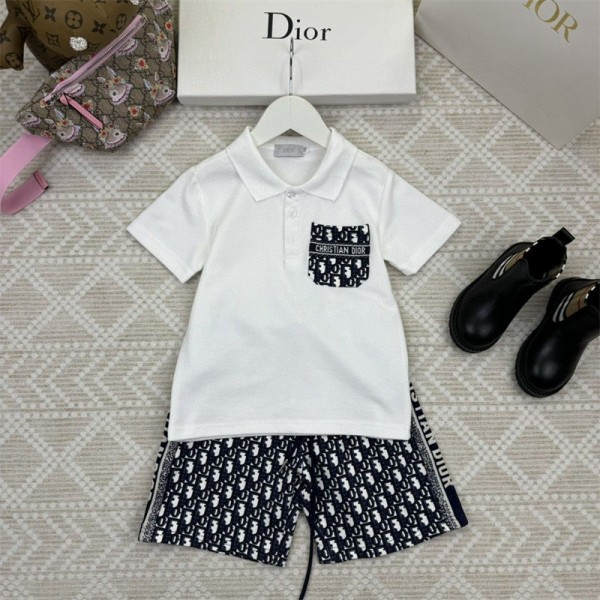 Dior ディオール ブランド 子供服 ポロTシャツ ハーフパンツ 2点セット ファッション 潮流 定番ロゴ 半袖 Tシャツ 半ズボン スーツ 2色  90 - 160cm