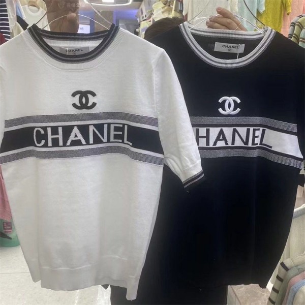 Chanel シャネル ブランド ニット レディース 半袖ニット リブ クールネック 着やせ 高伸縮 半袖 薄手 セーター 着回し良い シンプル おしゃれ 可愛い 2色 カットソー オフィス トップス 春 夏