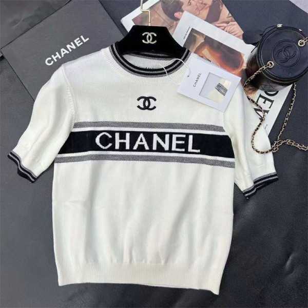 Chanel シャネル ブランド ニット レディース 半袖ニット リブ クールネック 着やせ 高伸縮 半袖 薄手 セーター 着回し良い シンプル おしゃれ 可愛い 2色 カットソー オフィス トップス 春 夏