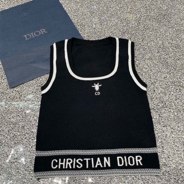 Dior ディオール ハイブランドtシャツ レディース ノースリーブ ニット ショート丈 カットソー トップス リブニット ハイネック タートルネック セーター 薄手 スリム  モックネック