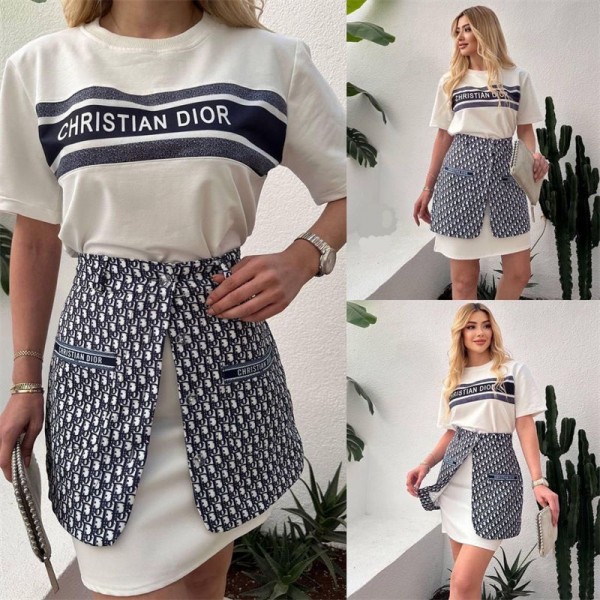 ブランド Dior ディオール上下 2点 セット  半袖 トップス ＋ スカート ｔシャツ  かわいい 上着T シャツ ドレス レディース 上下 セットアップ ウエスト ゴム ふんわり