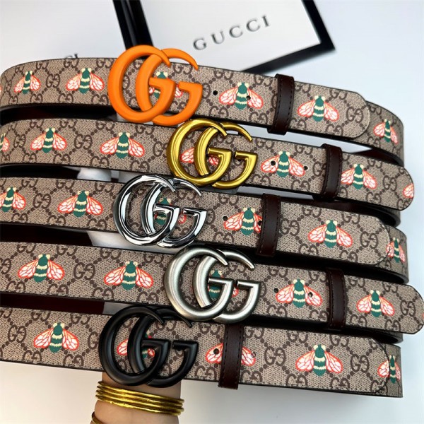 グッチ ブランド メンズベルト 蜜蜂プリント柄 gucci レザーベルト、ニュートラル合金ピンバックルベルトヒップホップスタイルの個性的なトレンドベルト