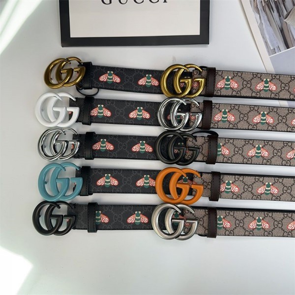 グッチ ブランド メンズベルト 蜜蜂プリント柄 gucci レザーベルト、ニュートラル合金ピンバックルベルトヒップホップスタイルの個性的なトレンドベルト