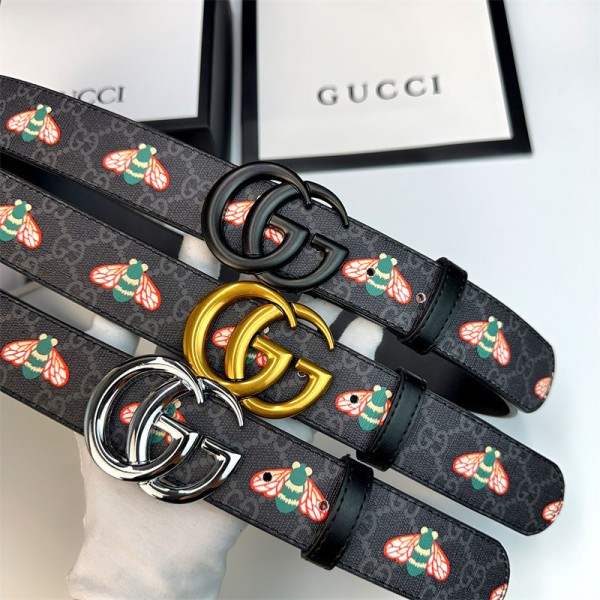 グッチ ブランド メンズベルト 蜜蜂プリント柄 gucci レザーベルト、ニュートラル合金ピンバックルベルトヒップホップスタイルの個性的なトレンドベルト