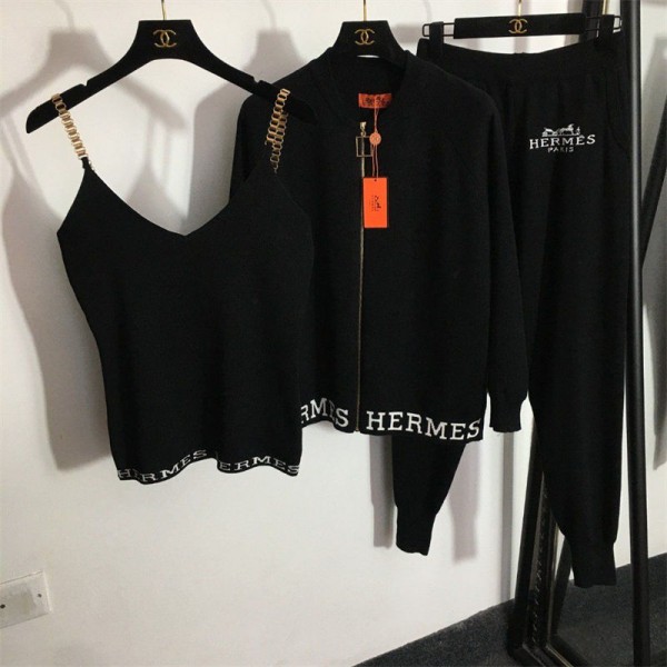 Hermes エルメス ブランド春秋 ニット服 3点セット カーディガン ロングパンツ上下セットアップ レディース キャミソール ジップ スウェット スポーツパンツ 上下 カジュアル ルームウェア 部屋着 ゆったり 韓国風 体型カバー 大きいサイズ