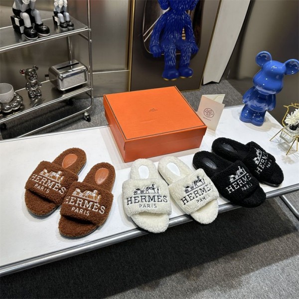 Hermes エルメス ブランド ルームシューズ 冬 ボアスリッパ 底面防水 洗える もこもこ スリッパ 室内 滑り止め 静音 あったかスリッパ 男女兼用 防寒対策 ルームブーツ 足冷え対策 保温 225~255cm