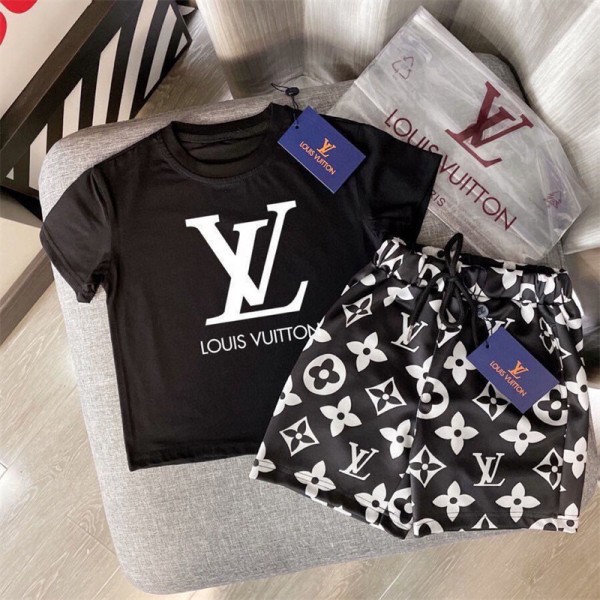 Lv ルイヴィトン ブランド 子供服 夏服 男の子 半袖Ｔシャツ+ハーフパンツ2点 綿 ボーイズトップ+パンツ 上下セット 男児 普段着 キッズ カジュアル 部屋着