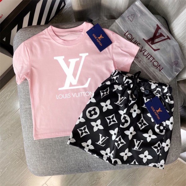 Lv ルイヴィトン ブランド 子供服 夏服 男の子 半袖Ｔシャツ+ハーフパンツ2点 綿 ボーイズトップ+パンツ 上下セット 男児 普段着 キッズ カジュアル 部屋着