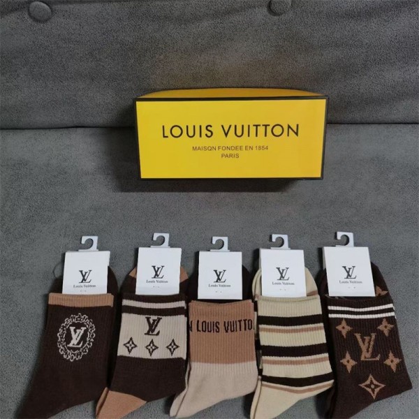 Lv ルイヴィトンブランド ストッキング 大人気コットン 靴下 メンズ 通気性ブランドミドルソックス 高品質浅口ソックス 女の子好き 韓国 5足セット