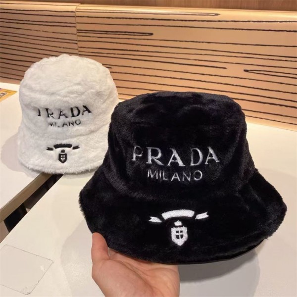 Prada プラダ ブランド帽子 レディース 秋冬バケットハット 小顔効果 もこもこ防寒対策 厚手 防寒 防風 保温 つば広帽子 折りたたみ ハット 可愛い おしゃれ 刺繍ロゴ 秋 冬