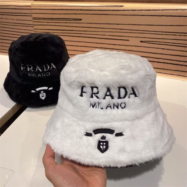 Prada プラダ ブランド帽子 レディース 秋冬バケットハット 小顔効果 もこもこ防寒対策 厚手 防寒 防風 保温 つば広帽子 折りたたみ ハット 可愛い おしゃれ 刺繍ロゴ 秋 冬