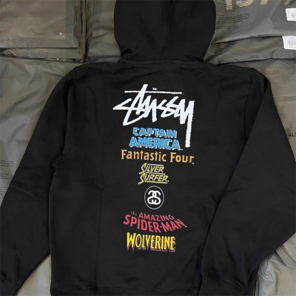 Stussy ステューシーハイブランドプリントパーカー トップス キッズ 裏起毛 裏ボア 長袖 フード付き 子供服 プルオーバー 厚手 暖かい 防寒服 インナー ゆったり 女の子 男の子 通学 通園 黒  100 110 120 130 140 150 160cm